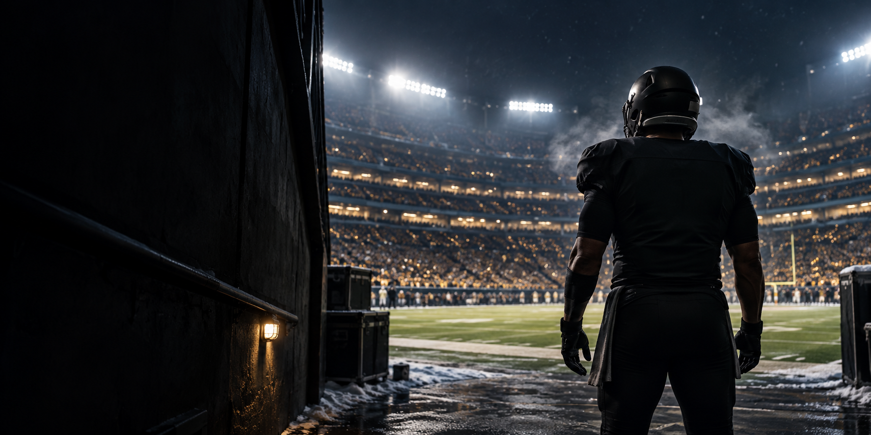 Football player entering a floodlit playoff stadium
